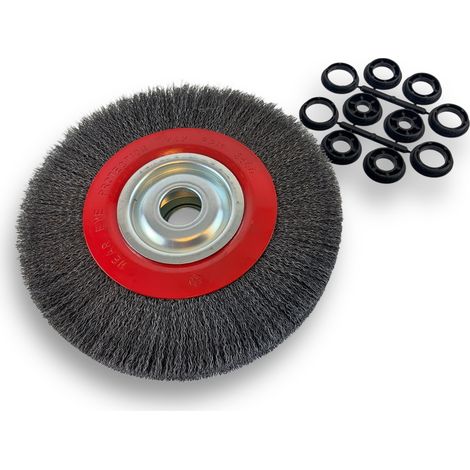 Brosse circulaire ACIER Ø 250 mm Epaisseur 3 rangs Fil dur 0.30 mm ondulé Alésage 32 mm + réducteur bague 25/22/20/16/12 mm Touret meuleuse affûteuse ponceuse Kibros 231253AT (1/5)