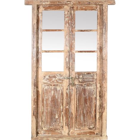 Porte d'entrée en bois massif et fer forgé pour intérieur ou extérieur, ancienne et médiévale, avec cadre et vitrage. (1/5)