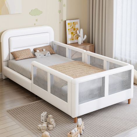 Lit plateforme rembourré moderne 90x200 cm blanc en MDF et PU, avec tête de lit, barrières de sécurité et sommier à lattes (1/5)
