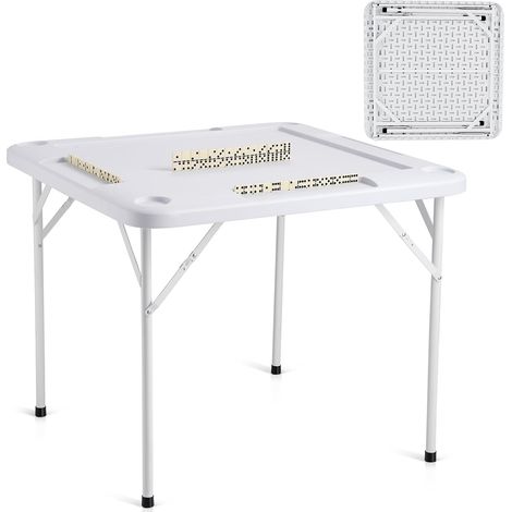Table de Mahjong Pliante Carrée pour 4 Joueurs, Table de Jeu de Cartes Portable, avec 4 Porte-gobelets et 4 Plateaux à Jetons, Jeu de Dominos pour Puzzles Poker Mahjong, 90 x 90 cm, Blanc (1/5)