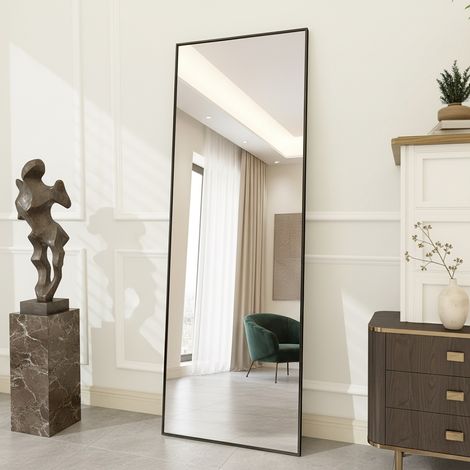 Specchio da Terra Design 164x54 cm - Grande Specchio Rettangolare a Parete o Autoportante con Cornice in Alluminio Antiesplosione - Nero