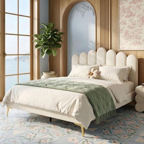 Lit adulte capitonné 140x190cm - Lit double avec tête de lit réglable en hauteur, sommier à lattes, pieds métal, lit adulte, velours, scandinave - Beige