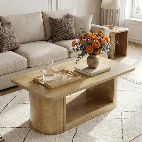 Tribesigns Table Basse Moderne 120 cm, Table de Salon Rectangulaire 2 Niveaux avec Rangement, pour Appartement, Chambre, Bureau, Marron Clair (1/5)