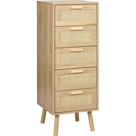 Commode en rotin avec 5 tiroirs décorés à la main pour chambre à coucher, petite table de chevet avec pieds en bois, naturel, F23RCOD2005U (1/5)