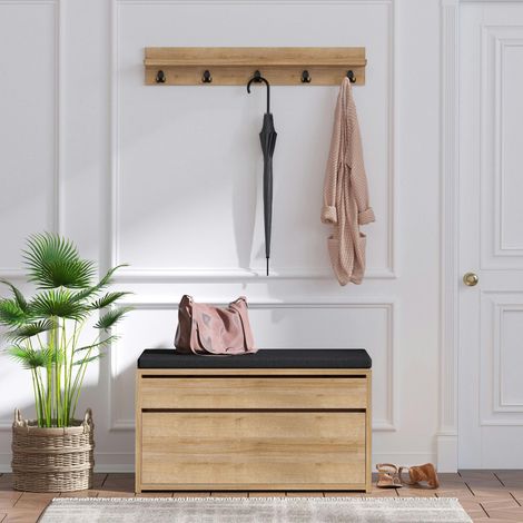 Pier Import – Banquette d'entrée noire avec rangement et portemanteau – Dimensions 80x35x42cm – MDF mélaminé résistant aux rayures – Meuble en kit (1/4)