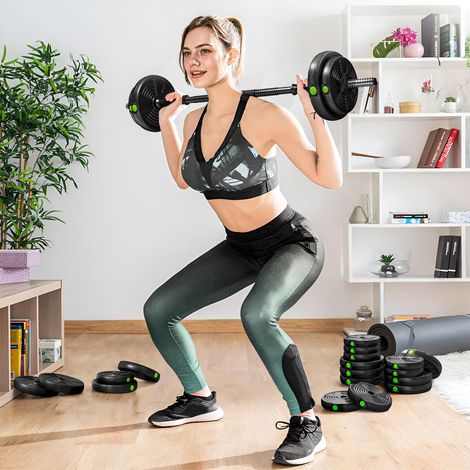 Ensemble d'haltères 2 en 1 (barre et haltères), 30 kg, antidérapant, respectueux des sols, noir/vert (1/5)