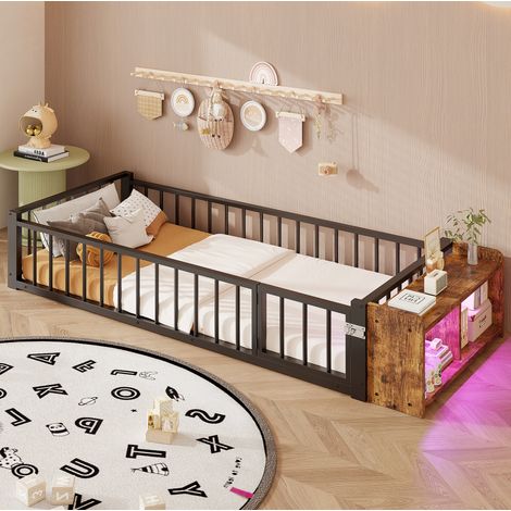 Cama individual 90x200 cm con almacenamiento abierto y LED, con barandilla de seguridad, en metal, negro, sin colchón (1/5)