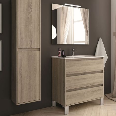 Meuble de salle de bain 80cm simple vasque - 3 tiroirs - cambrian (chêne clair) - TIRIS 3C (1/5)