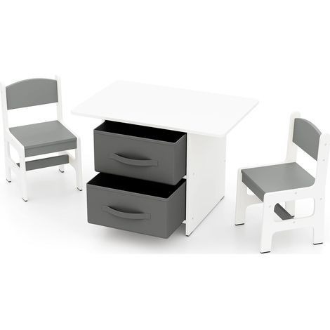 COSTWAY Table Enfant avec 2 Chaises & 2 Tiroirs en Tissu & Puzzle, Bureau Enfants en Bois avec Design Ergonomique, Coins Arrondis, Charge 50kg pour Tout-Petits de 3 Ans+, 71x48x50cm