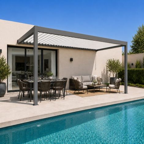 Pergola Bioclimatique Aluminium Adossée Gris 5x3 Manuelle Caleta France (1/5)