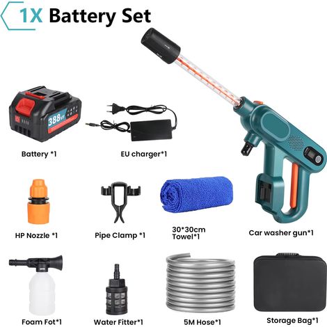 Laveuse pression sans balais – 80 bars – 3 niveaux – Compatible Makita 21V – Couleur verte – 1 batterie – Voiture/jardin (1/5)