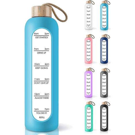 946 ml (32 oz) Wasserflasche aus Borosilikatglas mit Zeitmarkierung und Motivationszitaten, auslaufsicher, wiederverwendbar, BPA-frei, mit Silikonhülle A--