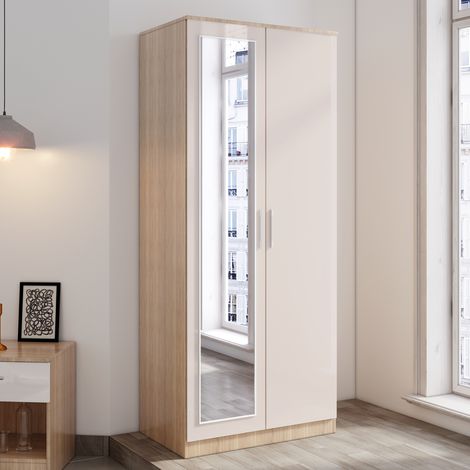 ELEGANT 2 Doors Wardrobe with Mirror, Soft Close Hinge Mirrored Wardrobe Cabinet, High Gloss with Hanging Rod and Storage Shelves, Cream/oak Bedroom Furniture