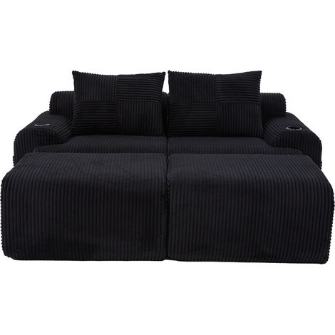 Sofá modular de 2 plazas de pana con 2 pufs, portavasos y bolsillo lateral, negro (1/5)
