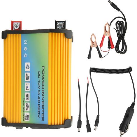 Convertisseur de puissance 300 W à onde modifiée, boîtier ABS, double port USB, DC12V vers AC110V, pour véhicules et voitures, extérieur, jaune. (1/5)