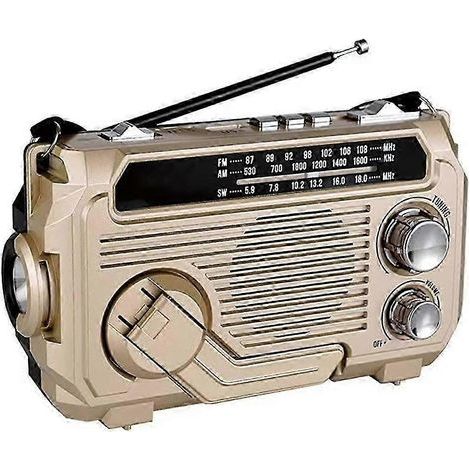 Radio FM AM/SW à énergie solaire, radio d'urgence, récepteur à manivelle, Bluetooth 5.2, compatible TF et USB, finition or. (1/5)