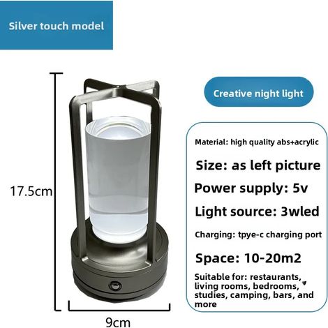 Lampe de bureau rechargeable USB (argentée), lampe de chevet LED, veilleuse douce pour les yeux