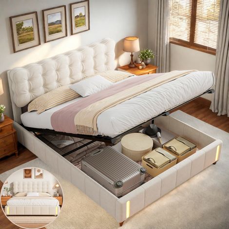 Lit coffre 140x190 cm avec rangement hydraulique , Lit double avec Éclairage LED, Lit capitonne avec sommier à lattes, Lit 2 Personnes, Lit adulte, Style Moderne, Velours, Beige