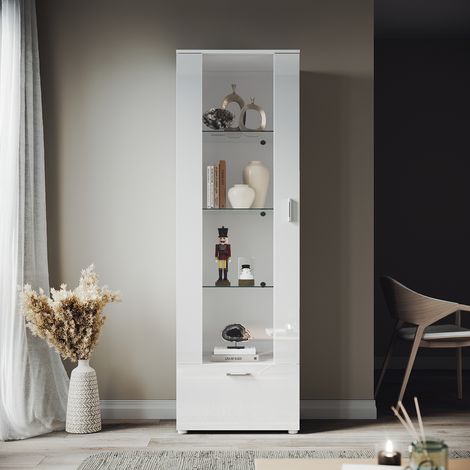 ELEGANT Modern LED Tall Display Cabinet in White High Gloss 1870 x 600 x 40 mm Cupboard with 5mm Tempered Safety Glass Shelves Sideboard Unit for Living Room