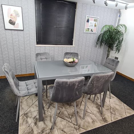 Dining Table and 6 Chairs Grey  Glass 6 Velvet Chairs  Dining Room Furniture (1/5)