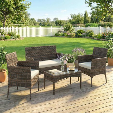 Gartenmöbelset für 4 Personen aus Kunstharzgeflecht mit Sofas und Couchtisch aus gehärtetem Glas, inklusive Kissen, beige