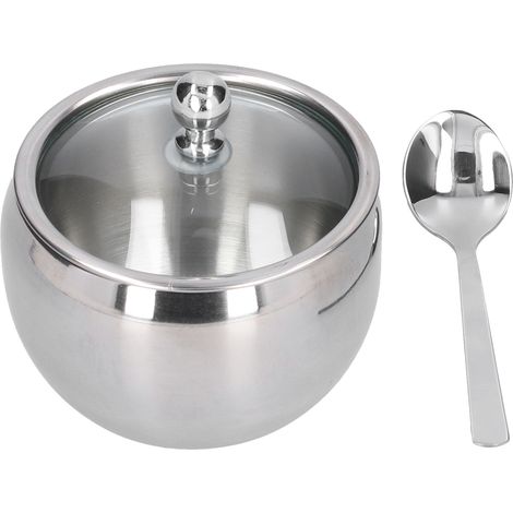 Tarro para especias, tapa de vidrio templado, cuchara de acero inoxidable, para guardar sal, pimienta y azúcar, cocina (1/5)
