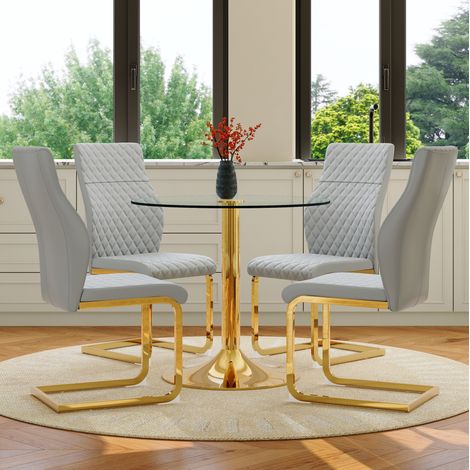 Conjunto de mesa y 4 sillas de comedor (85x85x76 cm), vidrio templado, respaldo ergonómico, metal dorado, gris claro (1/5)