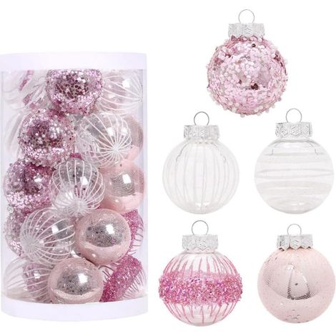 Lot de 25 boules de Noël rose et blanc de 6 cm, incassables, décorations sapin, fêtes et mariages (1/5)
