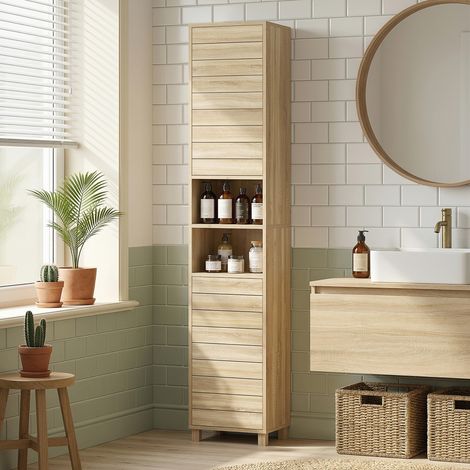 Armario Alto para Baño con Estantes Ajustables Puertas de Lamas Apertura por Presión 34x23x170 cm Natural (1/5)