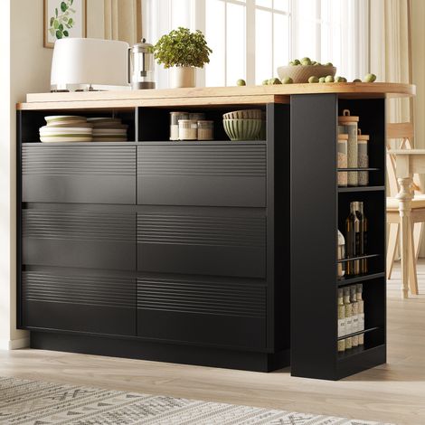 Desserte cuisine 137 à 215 x 39 x 102,3 cm, îlot central de cuisine sur roulettes, plateau extensible, élément pivotant à 360°, 6 tiroirs, MDF, noir (1/5)