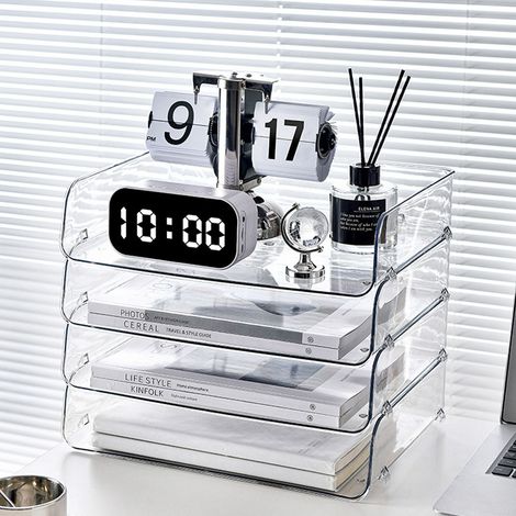Boîte de rangement pour papier A4 empilable en plastique transparent à grande ouverture et à un seul niveau, format 32,5 x 25 x 7,5 cm / 12,8 x 9,8 x 3 pouces. (1/5)