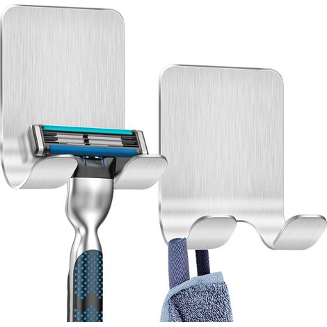2 Pièces Support Rasoir Douche Crochet Autocollant Inox, Porte-Serviette Sans Percer Argent pour Salle de Bain et Cuisine