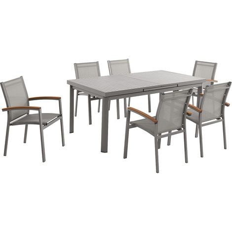 Sala pranzo giardino Allum.: tavolo all. L.180/240cm 6 poltrone impil. bracc. Acacia Tortora - NAURU di MYLIA