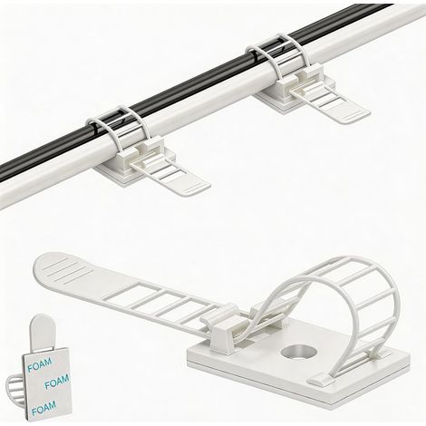 Attache Cable Adhesif Blanc 50Pcs, Serre Cable Plastique Fixation Murale sans Perçage (1/5)