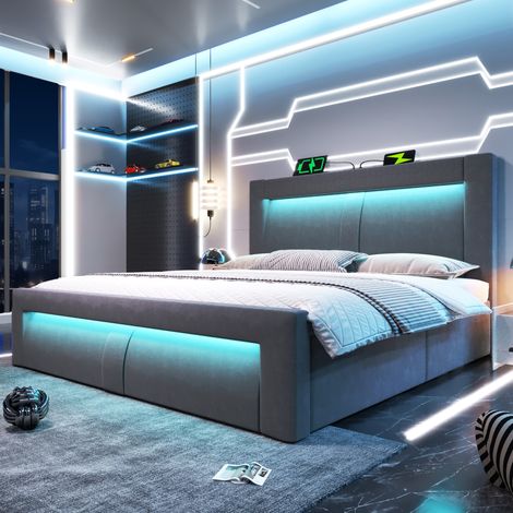 letto contenitore 140x200 LED USB grigio con ricarica HAVRYA (1/5)