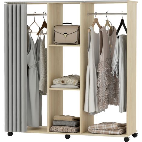 Armoire penderie mobile 6 roulettes, 120x40x128 cm, bois naturel - Dressing roulant bois naturel (1/5)
