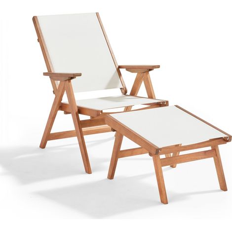 Fauteuil relax en bois d'eucalyptus avec repose-pieds blanc