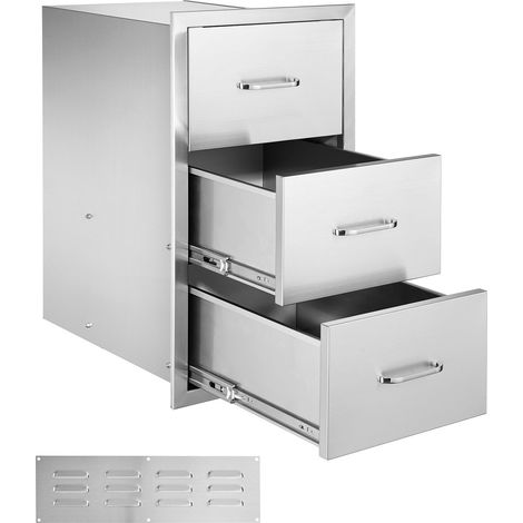 Tiroirs de cuisine extérieure, 3 tiroirs, acier inoxydable, pose affleurante, avec poignées, pour îlot BBQ ou station de grill, dimensions 47x57x57 cm. (1/5)