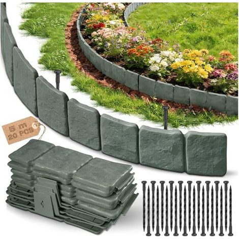 Gartenrand aus Kunststoff Rasenkante, Beeteinfassung, Gartentrennwand Flexible Befestigung 5 Meter Grau (1/5)