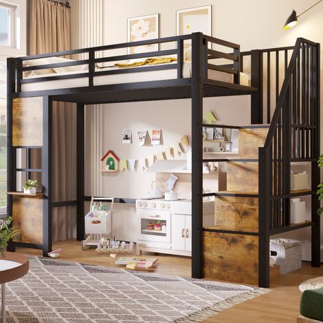 Lit mezzanine 255x103x170 cm noir en métal et MDF avec escalier de rangement (1/5)