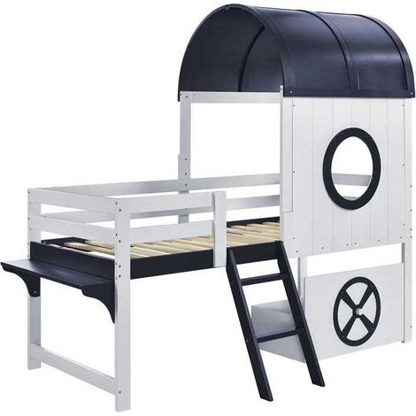 Cama cabaña semialta 90x200 cm madera MDF contrachapado blanco azul MODENUIT (1/5)