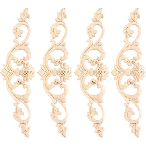 Lot de 4 appliques décoratives en bois sculpté non peint, 30 x 8 cm, pour jardin, clôture ou mobilier. (1/5)