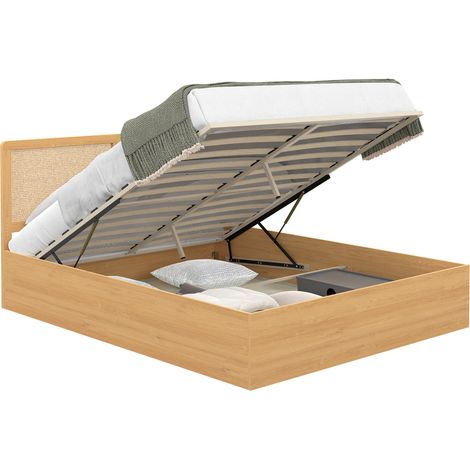 Idmarket – Lit coffre double 140 x 190 cm – Tête de lit cannage – Sommier 24 lattes – Coffre de rangement pratique en bois (1/5)