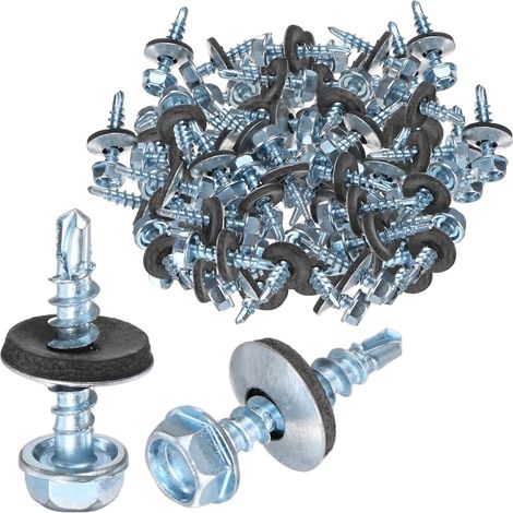 100-Pack Vis Auto-Foreuses Avec Joint En Caoutchouc ST4.8 x 25mm En Acier Au Carbone Zingué À Tête Hexagonale Pour Toiture Métallique/Panneaux De Revêtement/Structures En Acier (1/5)