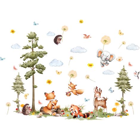 Sticker mural avec motif animaux de la forêt, arbre, éléphant, hérisson, renard, nuage avec fond papillon, pour chambre de bébé, chambre d'enfant, arrière-plan (1/5)