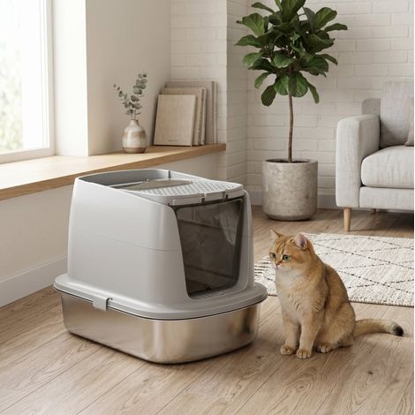Toilette per gatti 52,4 x 41,3 x 39,8 cm in acciaio inox grigio chiaro antiodore MEUBLIV (1/5)