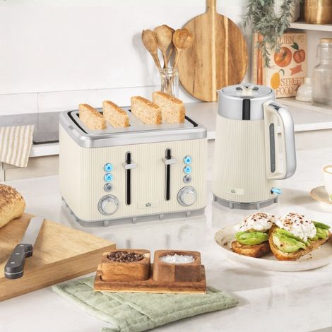 Bouilloire 2200 W, 1,7 L avec fonction ébullition rapide, filtre anticalcaire et grille-pain 4 tranches à 7 niveaux de brunissage, blanc crème (1/5)