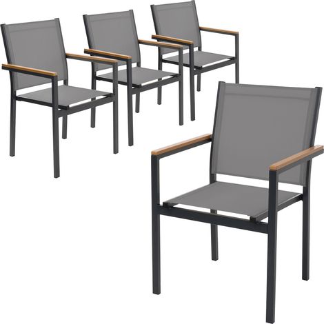 ML-Design Juego 4x Sillas de Jardín Gris Oscuro Asiento de Textilene para Terraza, Aspecto Madera y Estructura de Aluminio con Reposabrazos y Respaldo Mueble Apliable Resistente a la Intemperie (1/5)