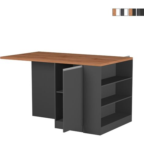 Îlot central avec table pour cuisine moderne 2 portes 160x90x90cm Grover - Gris - Chêne