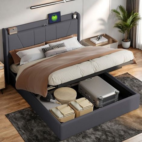 Bett mit Stauraum - TANANT - 160x200 cm - Leinenstoff - 2 USB - Hoher Stauraum